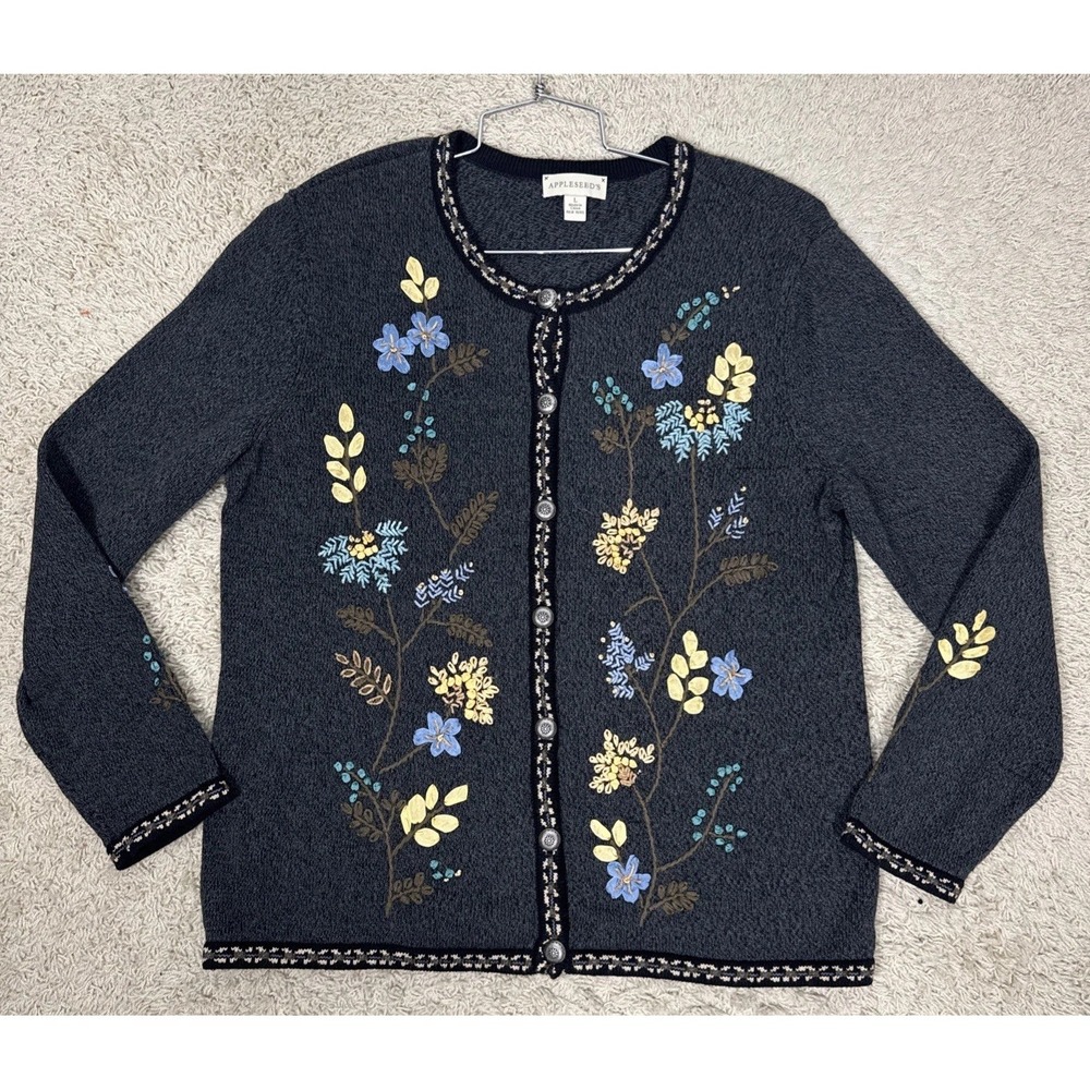 Appleseeds Embroidered Wildflowers Button Up Cardigan Sweater Sz L Cottage Core